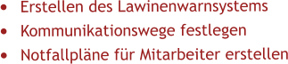 •	Erstellen des Lawinenwarnsystems •	Kommunikationswege festlegen •	Notfallpläne für Mitarbeiter erstellen